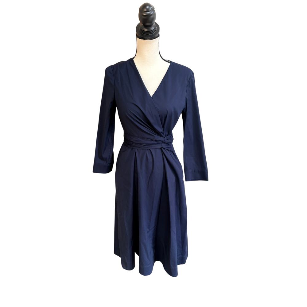 Lafayette 148 NY Penelope Stretch Cotton Wrap Midi Dress Navy Size 4 NWOT $1198 - Picture 2 of 9